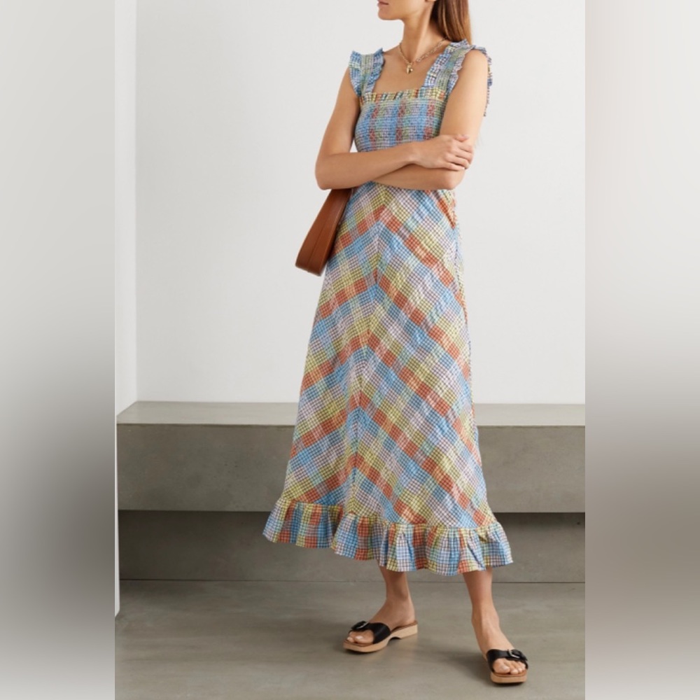 Ganni Seersucker Check Smocked Ruffle Dress